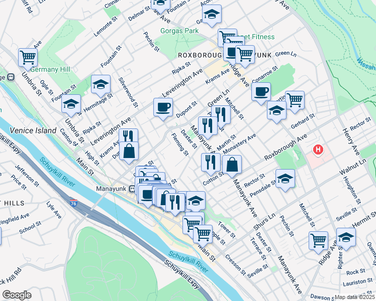 map of restaurants, bars, coffee shops, grocery stores, and more near 283 Gay Street in Philadelphia