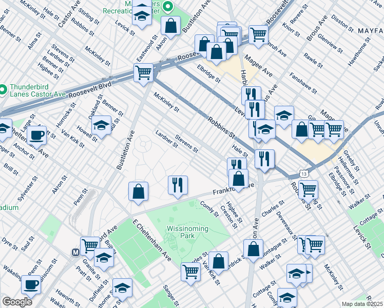 map of restaurants, bars, coffee shops, grocery stores, and more near 2753 Lardner Street in Philadelphia