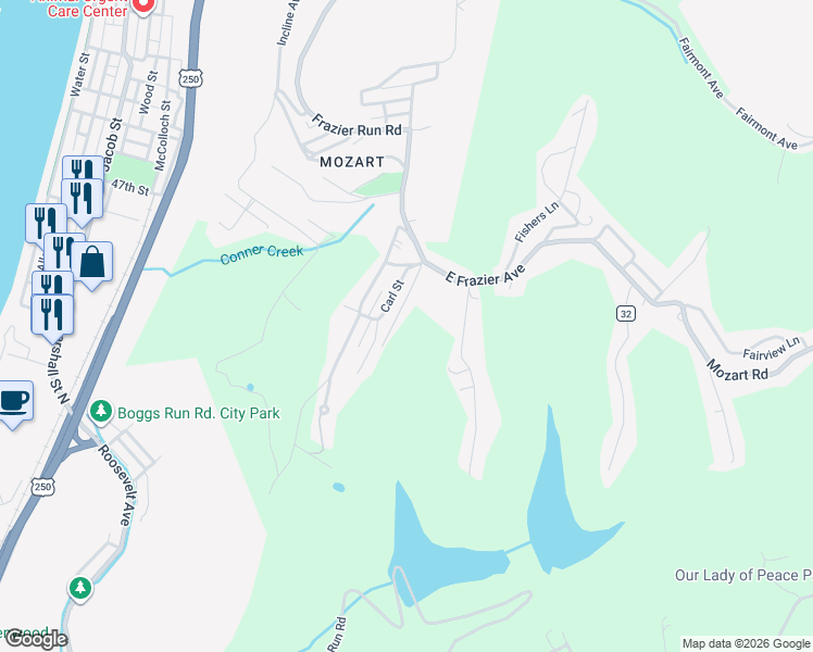 map of restaurants, bars, coffee shops, grocery stores, and more near 20 Ruth Avenue in Wheeling