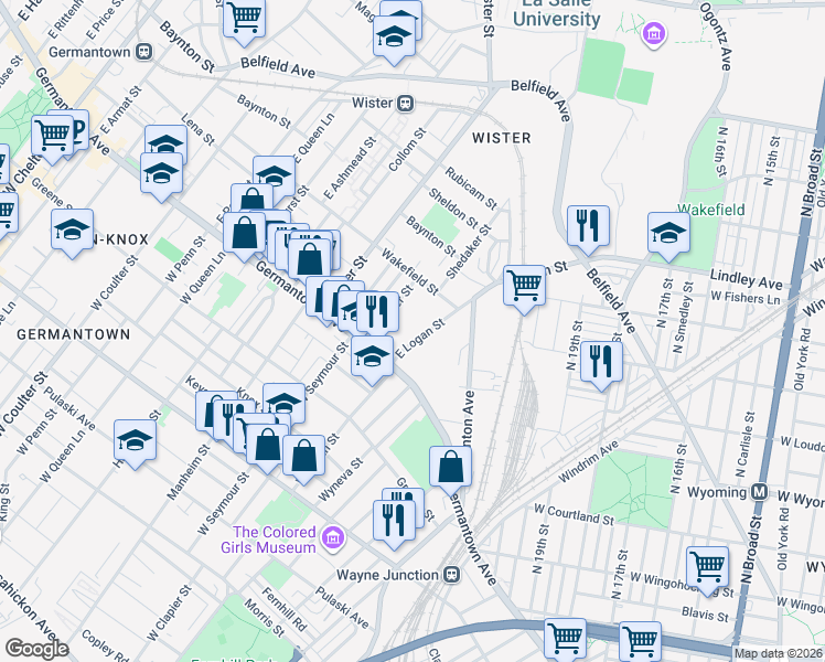 map of restaurants, bars, coffee shops, grocery stores, and more near 39 E Logan St in Philadelphia