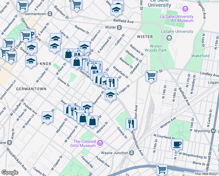 map of restaurants, bars, coffee shops, grocery stores, and more near 11 East Clapier Street in Philadelphia