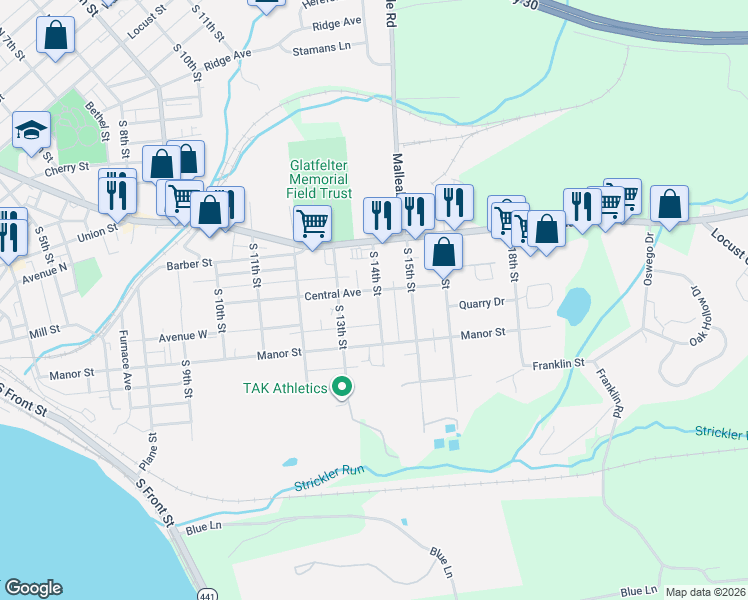 map of restaurants, bars, coffee shops, grocery stores, and more near 612 South 14th Street in Columbia