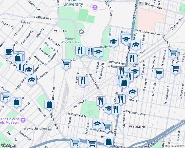map of restaurants, bars, coffee shops, grocery stores, and more near 1733 Belfield Avenue in Philadelphia