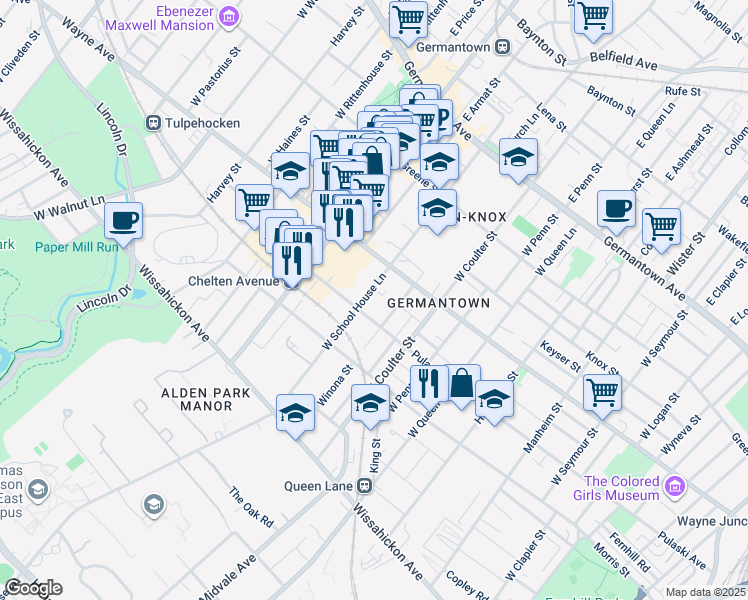 map of restaurants, bars, coffee shops, grocery stores, and more near 234 West School House Lane in Philadelphia