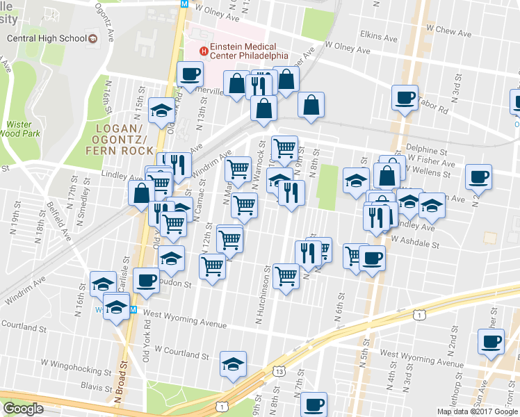 map of restaurants, bars, coffee shops, grocery stores, and more near 5036 North 10th Street in Philadelphia