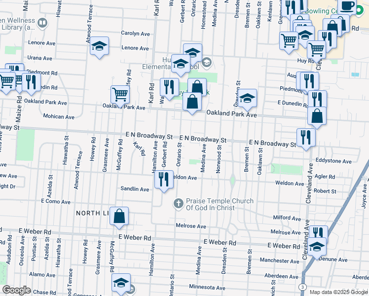map of restaurants, bars, coffee shops, grocery stores, and more near 3064 Ontario Street in Columbus