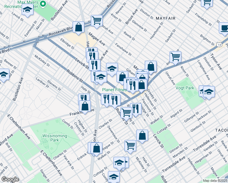 map of restaurants, bars, coffee shops, grocery stores, and more near 3101 Barnett Street in Philadelphia