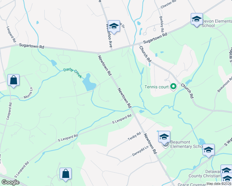 map of restaurants, bars, coffee shops, grocery stores, and more near 518 Newtown Road in Berwyn