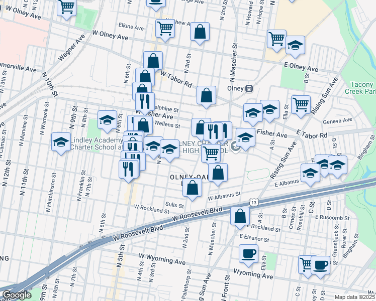 map of restaurants, bars, coffee shops, grocery stores, and more near 237 Rubicam Street in Philadelphia