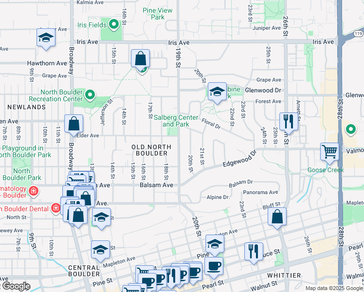 map of restaurants, bars, coffee shops, grocery stores, and more near 2925 19th Street in Boulder