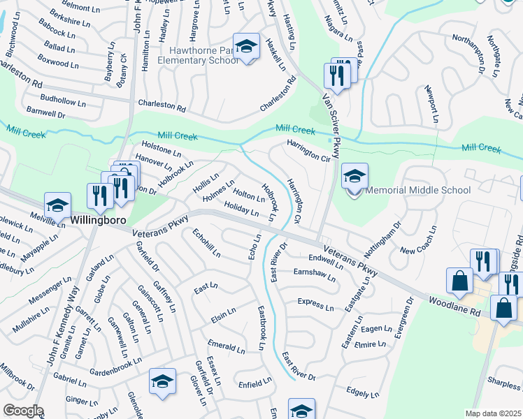 map of restaurants, bars, coffee shops, grocery stores, and more near 41 Holiday Lane in Willingboro