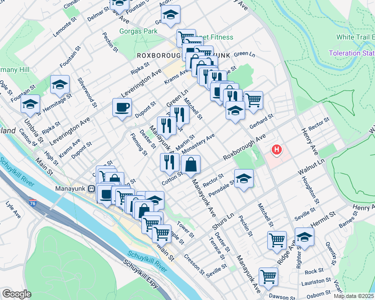 map of restaurants, bars, coffee shops, grocery stores, and more near 303 Monastery Avenue in Philadelphia