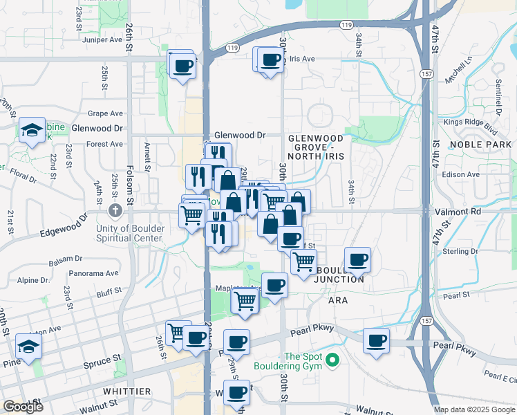 map of restaurants, bars, coffee shops, grocery stores, and more near 2940 Valmont Road in Boulder