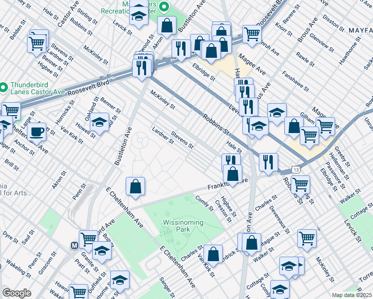 map of restaurants, bars, coffee shops, grocery stores, and more near 2749 Lardner Street in Philadelphia