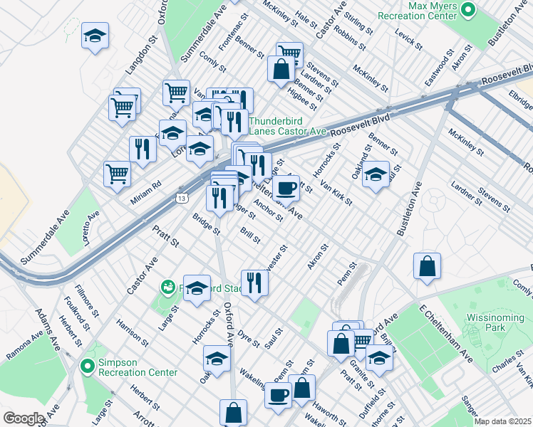 map of restaurants, bars, coffee shops, grocery stores, and more near 1130 Anchor St in Philadelphia