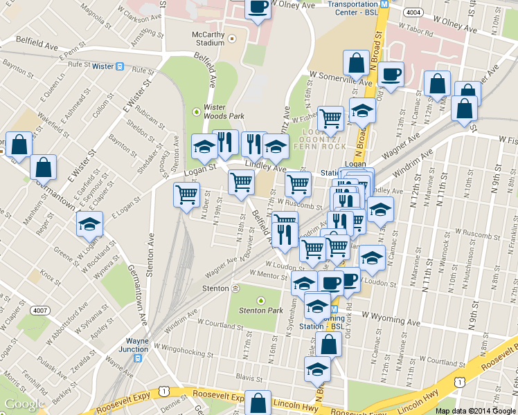 map of restaurants, bars, coffee shops, grocery stores, and more near 1735 Belfield Avenue in Philadelphia