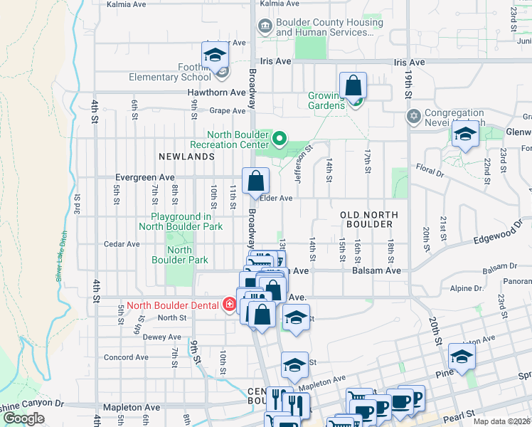 map of restaurants, bars, coffee shops, grocery stores, and more near 2950 Colorado 7 in Boulder