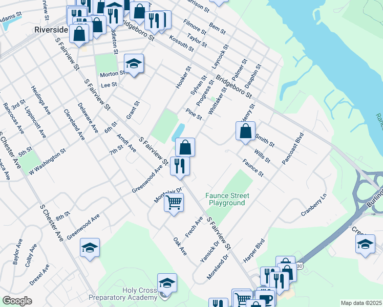 map of restaurants, bars, coffee shops, grocery stores, and more near 50 Whittaker Street in Riverside
