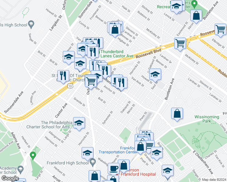 map of restaurants, bars, coffee shops, grocery stores, and more near 1157 Anchor Street in Philadelphia