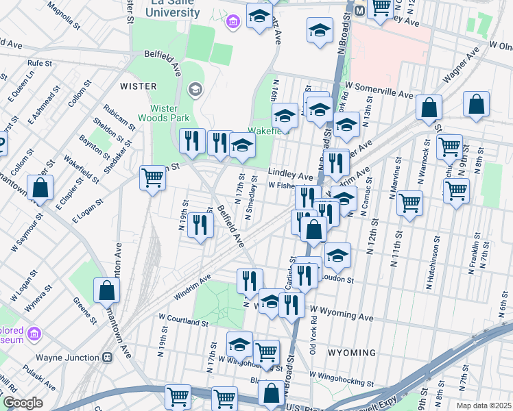 map of restaurants, bars, coffee shops, grocery stores, and more near 1608 West Ruscomb Street in Philadelphia