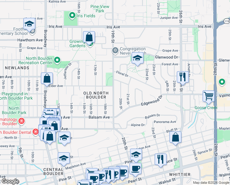 map of restaurants, bars, coffee shops, grocery stores, and more near 2925 19th Street in Boulder
