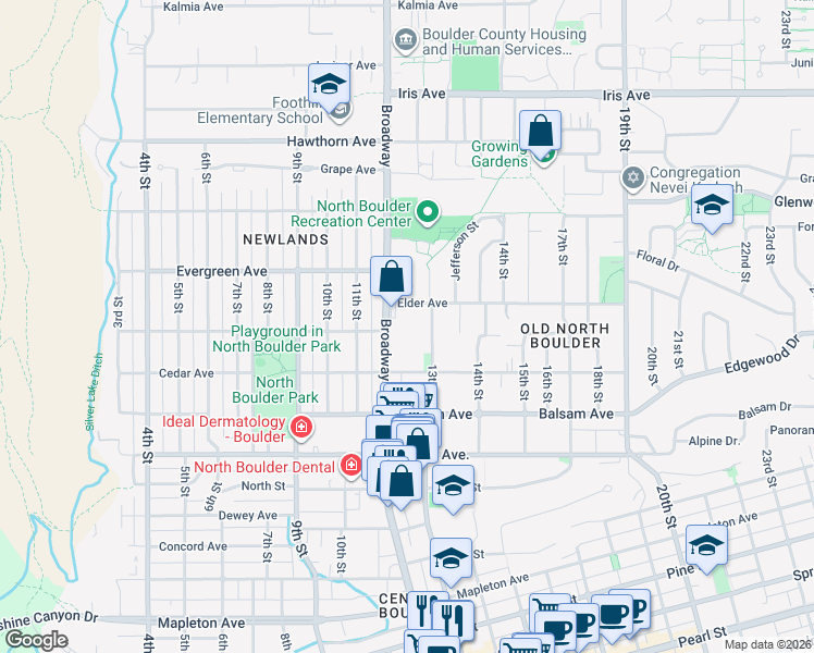 map of restaurants, bars, coffee shops, grocery stores, and more near 2950 Colorado 7 in Boulder