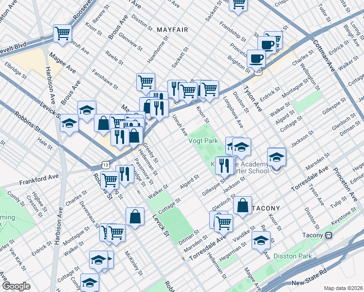 map of restaurants, bars, coffee shops, grocery stores, and more near 6620 Erdrick Street in Philadelphia