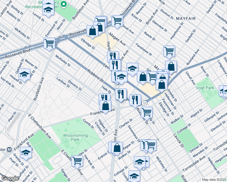 map of restaurants, bars, coffee shops, grocery stores, and more near 2958 Robbins Street in Philadelphia