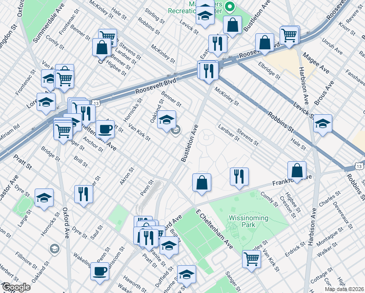 map of restaurants, bars, coffee shops, grocery stores, and more near 5909 Penn Street in Philadelphia