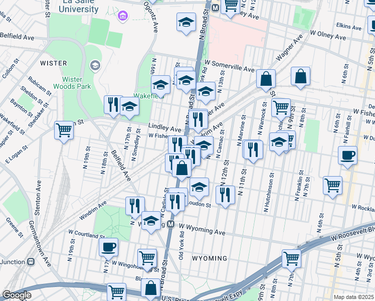 map of restaurants, bars, coffee shops, grocery stores, and more near in Philadelphia