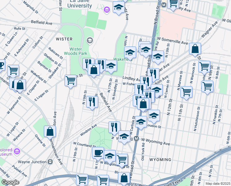 map of restaurants, bars, coffee shops, grocery stores, and more near 4933 North 17th Street in Philadelphia