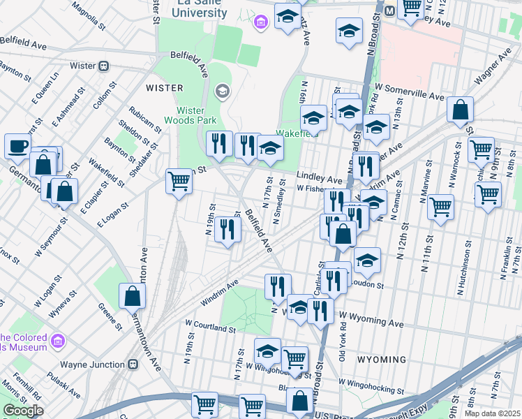 map of restaurants, bars, coffee shops, grocery stores, and more near 4933 North 17th Street in Philadelphia