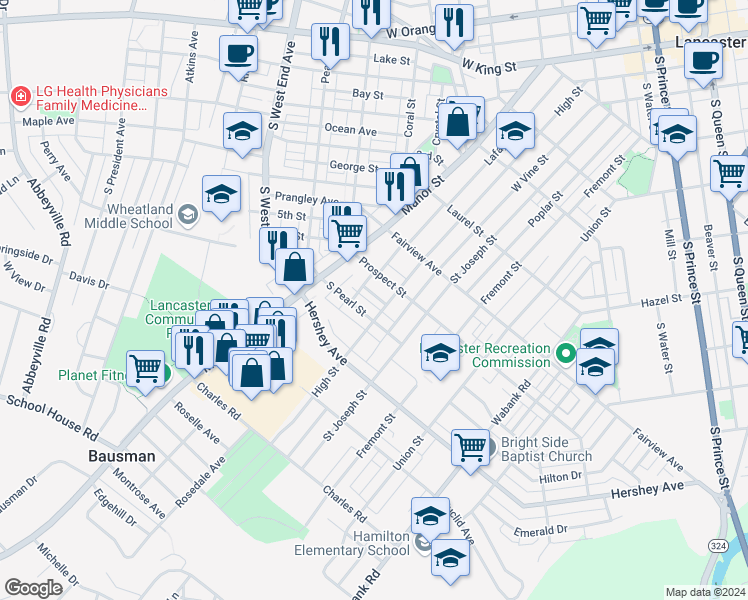 map of restaurants, bars, coffee shops, grocery stores, and more near 78 Wise Avenue in Lancaster