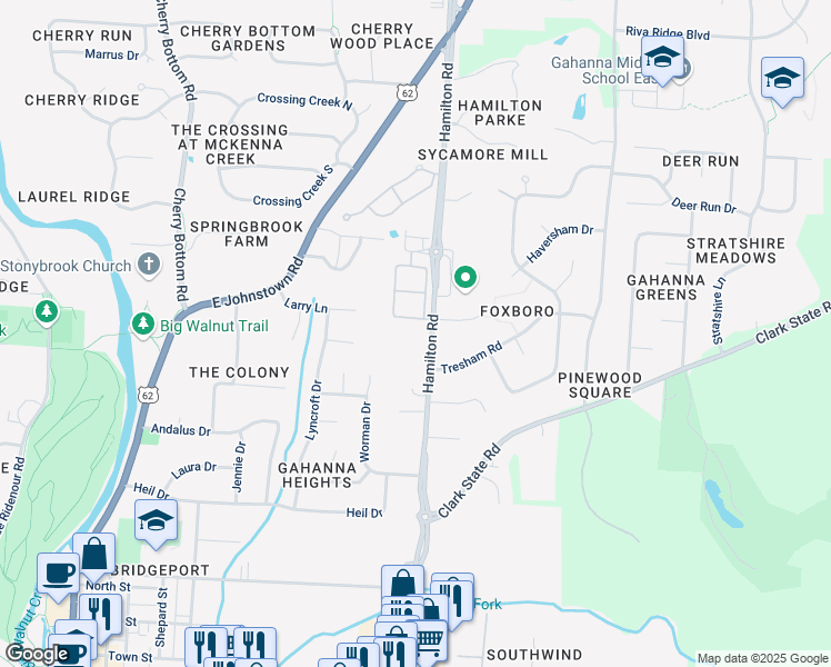 map of restaurants, bars, coffee shops, grocery stores, and more near 430 North Hamilton Road in Gahanna