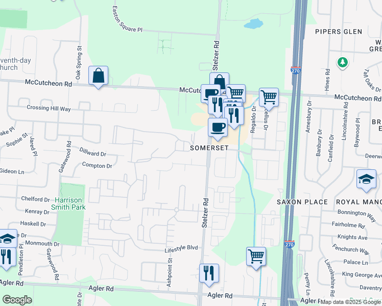 map of restaurants, bars, coffee shops, grocery stores, and more near 3694 Foraker Drive in Columbus