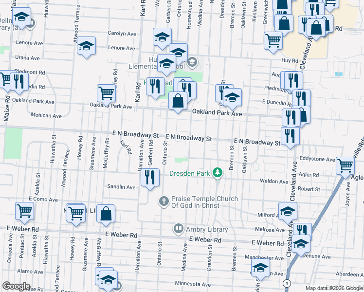 map of restaurants, bars, coffee shops, grocery stores, and more near 3055 Medina Avenue in Columbus