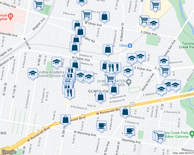 map of restaurants, bars, coffee shops, grocery stores, and more near 245 Rubicam Street in Philadelphia