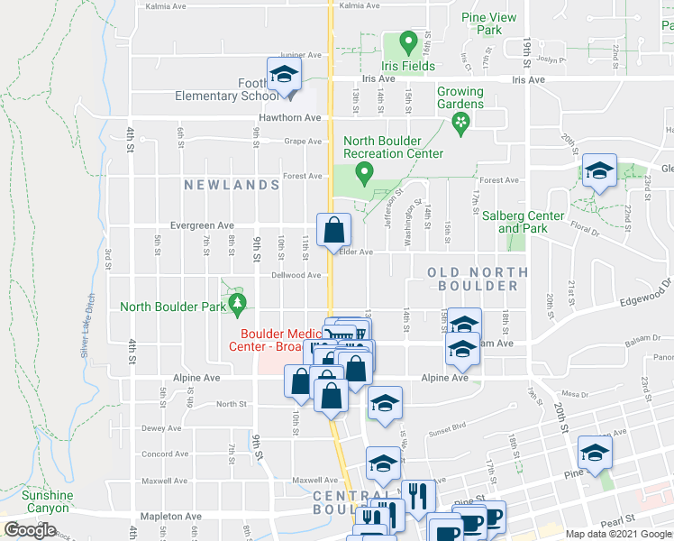 map of restaurants, bars, coffee shops, grocery stores, and more near 3004 Broadway Street in Boulder