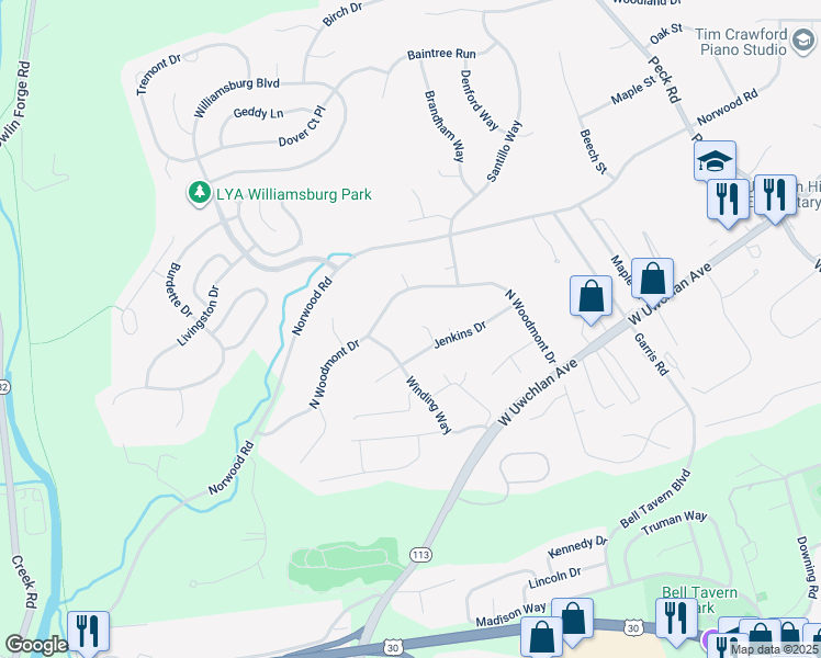 map of restaurants, bars, coffee shops, grocery stores, and more near 15 Jenkins Drive in Downingtown