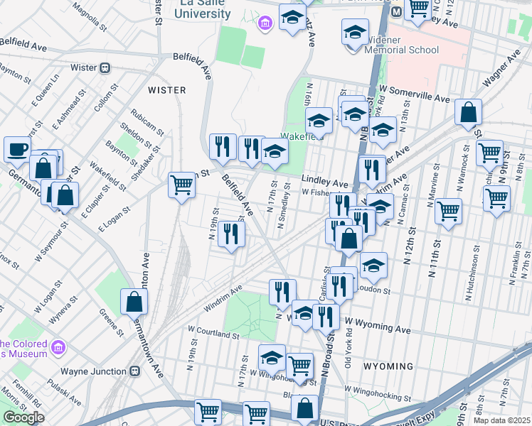 map of restaurants, bars, coffee shops, grocery stores, and more near 4933 North 17th Street in Philadelphia