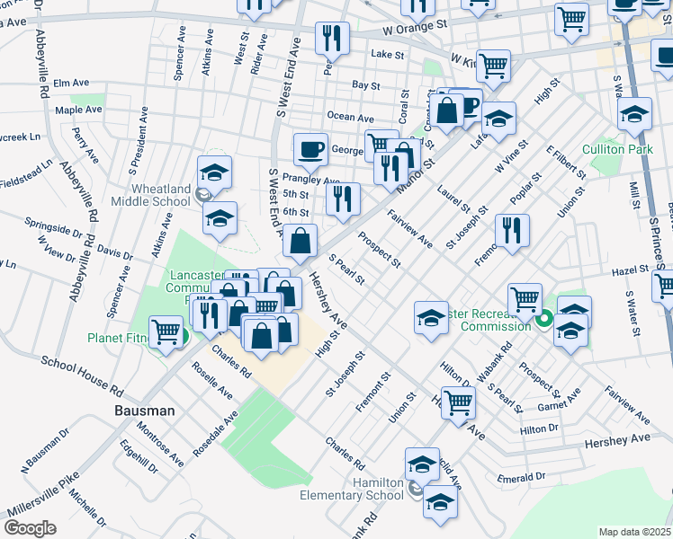 map of restaurants, bars, coffee shops, grocery stores, and more near 40 South Pearl Street in Lancaster