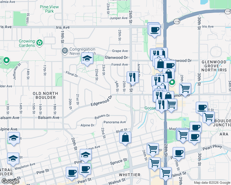 map of restaurants, bars, coffee shops, grocery stores, and more near 2991 24th Street in Boulder
