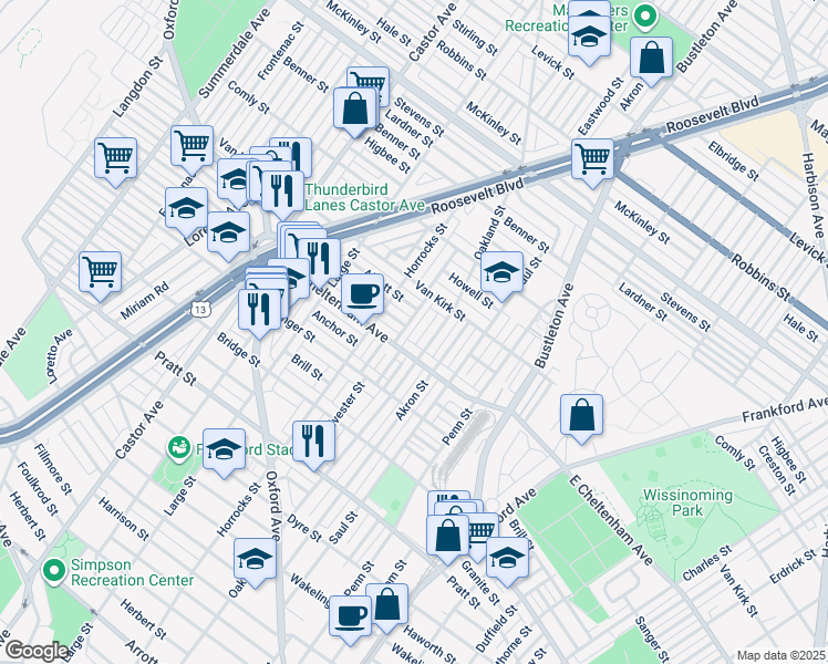 map of restaurants, bars, coffee shops, grocery stores, and more near 5823R Sylvester Street in Philadelphia