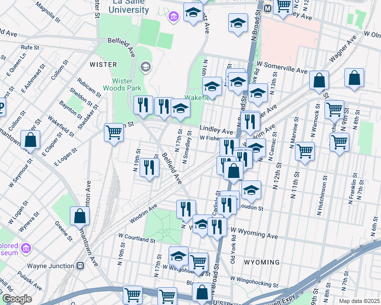 map of restaurants, bars, coffee shops, grocery stores, and more near 1608 West Ruscomb Street in Philadelphia