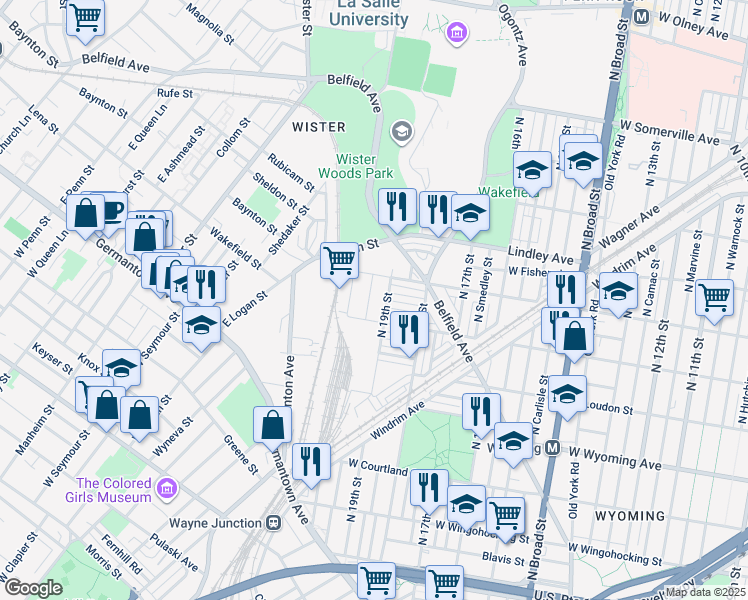map of restaurants, bars, coffee shops, grocery stores, and more near 4927 1/2 North Uber Street in Philadelphia