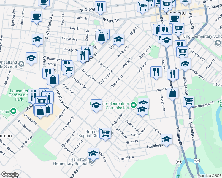 map of restaurants, bars, coffee shops, grocery stores, and more near 758 Fremont Street in Lancaster