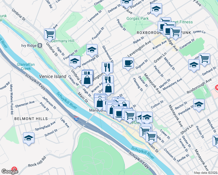 map of restaurants, bars, coffee shops, grocery stores, and more near 4535 Wilde Street in Philadelphia