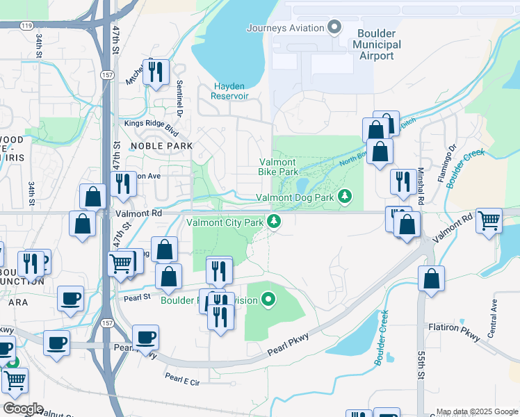 map of restaurants, bars, coffee shops, grocery stores, and more near 5083 Valmont Road in Boulder