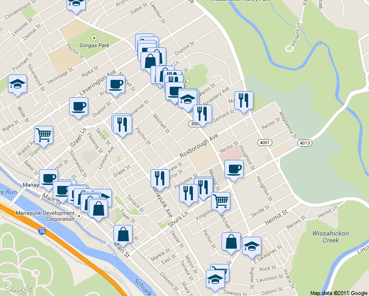 map of restaurants, bars, coffee shops, grocery stores, and more near 4307 Mitchell Street in Philadelphia