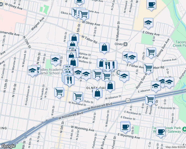 map of restaurants, bars, coffee shops, grocery stores, and more near 222 Rubicam Street in Philadelphia